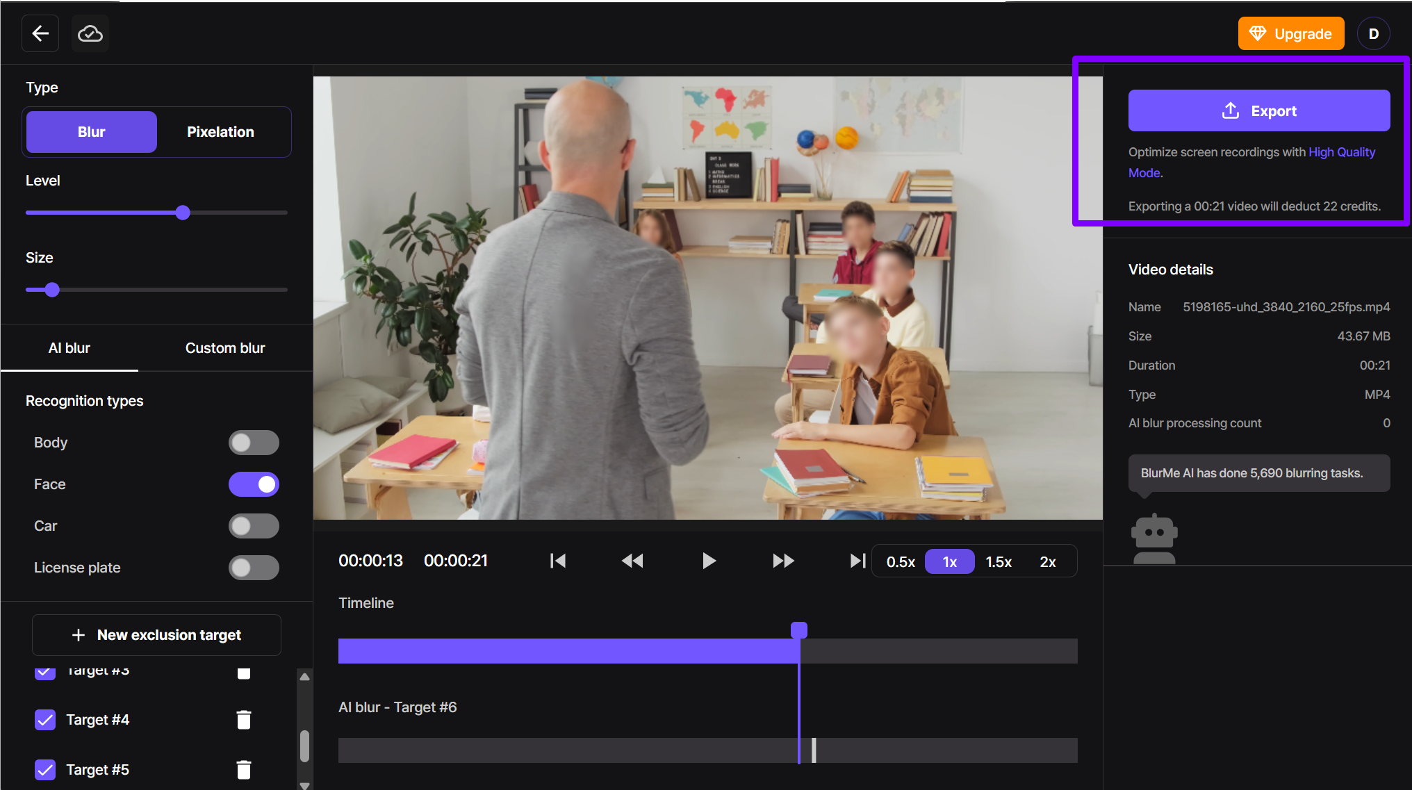 Option d'exportation de BlurMe pour télécharger une photo ou vidéo floutée en haute qualité