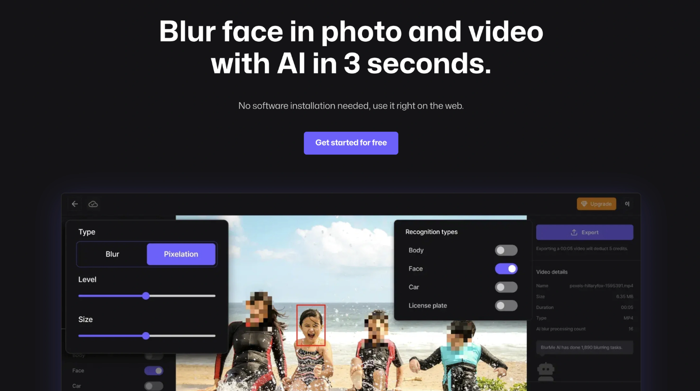 Capture de l'interface de BlurMe, l'outil de floutage visage photo et vidéo en ligne